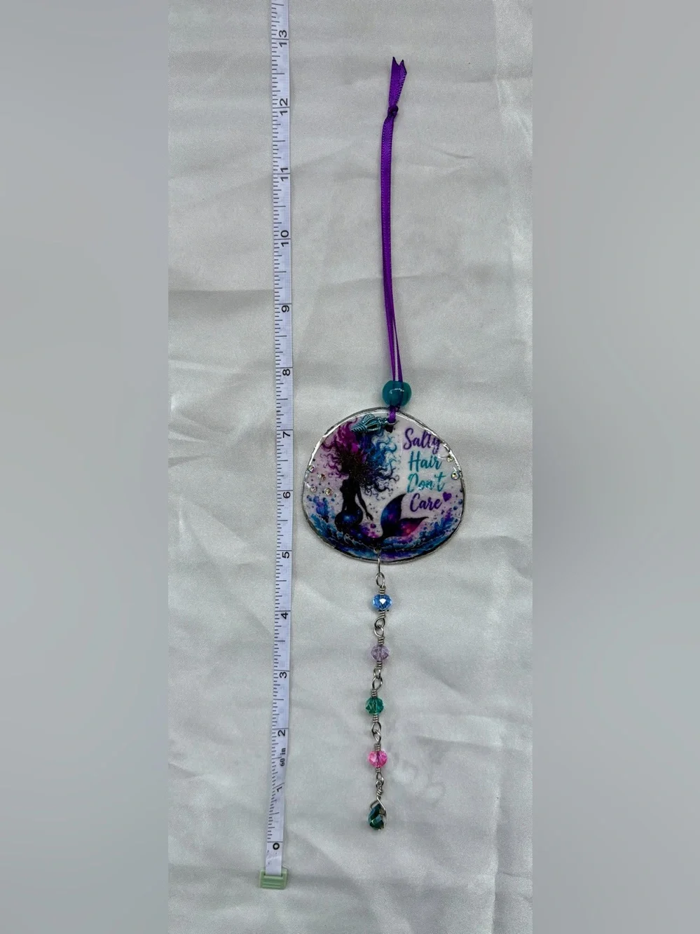 Decoupage Mermaid Crystal Sun Catcher — Purple & Teal Decorative Wall Hanging